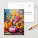 Carte Postale Coloré Automne Floral et Citrouille<br><div class="desc">Une peinture abstraite moderne et vibrante qui présente un agencement ludique de citrouilles, de tournesols et d'autres feuillages d'automne. Les tons d'automne riches comme l'orange brûlée, les rouges profonds, les roses et les jaunes dorés se marient avec des touches douces et des éclats de couleur audacieux. Le style abstrait ajoute...</div>