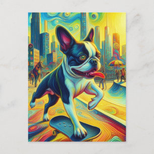 Carte Postale Coloré Boston Terrier Skateboard Surreal Art