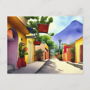 Carte Postale Coloré Mexicaine Village Street Aquarelle Pittores