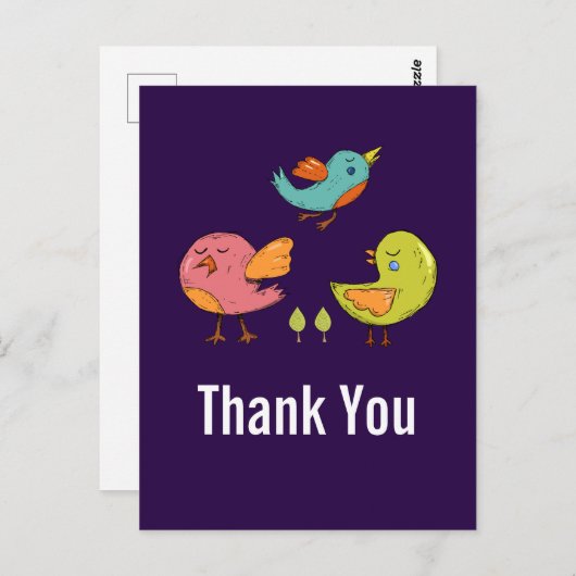 Carte Postale Coloré mignon Oiseaux Whimsical Merci (Devant / Derrière)