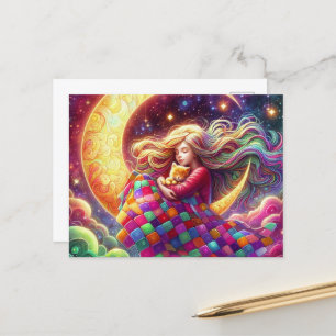 Carte Postale Coloré Quilt Sleeping Girl & Crescent Moon