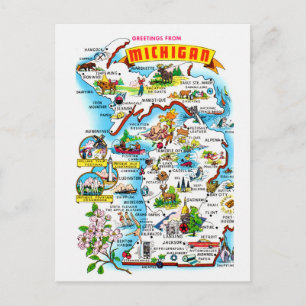 Carte postale colorée Vintage Michigan Map