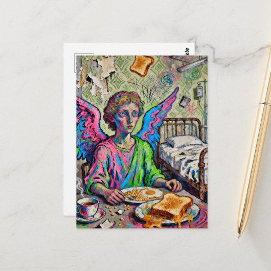 Carte Postale Colorful Angel at Breakfast Art Brut Style (Devant/Arrière en situation)