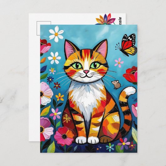 Carte Postale Colorful Cat, Flowers and Butterfly (Devant / Derrière)