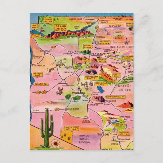 Carte Postale Colorful Illustrated Arizona Map Postcard (Devant)