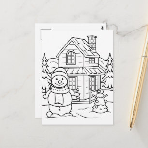 Carte Postale Coloriage Festive des enfants de bonhomme de neige
