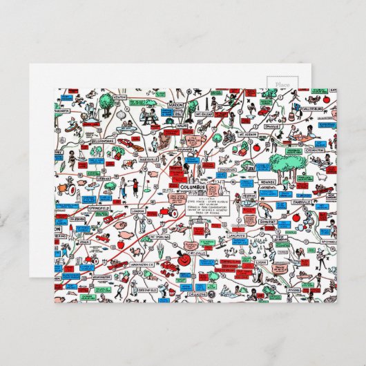 Carte Postale Columbus Springfield Newark retro 60s cartoon map (Devant / Derrière)