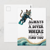 Carte Postale Combinaison de plongée bleue Scuba Cat (Devant / Derrière)