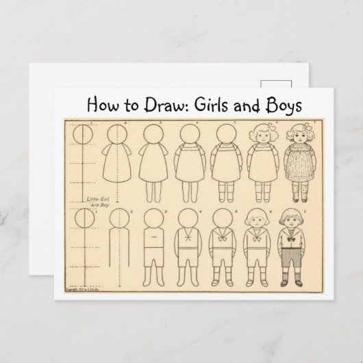 Carte Postale Comment dessiner un petit garçon et une petite fil (Devant / Derrière)