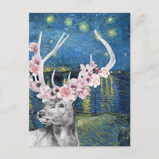 Carte Postale Compilation de Van Gogh Nuit étoilée et cerf fleur (Devant)