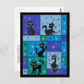 Carte Postale Composition avec 5 chats noirs couleurs bleu minui (Devant / Derrière)