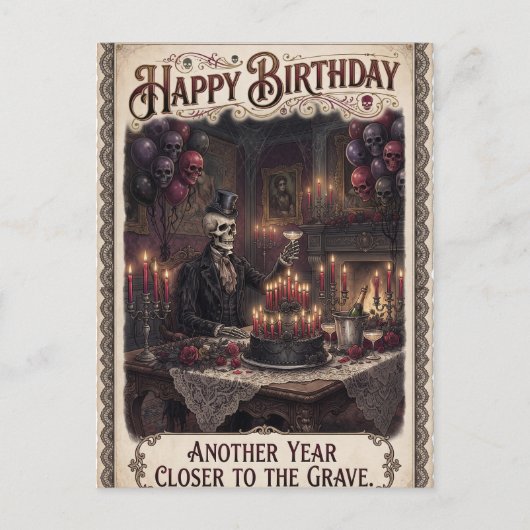 Carte Postale Conception d'anniversaire gothique avec squelette (Devant)