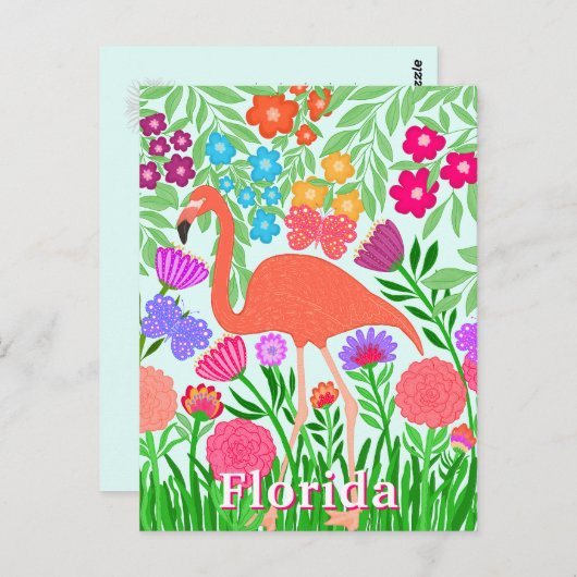 Carte Postale Conception de Flamant rose de Jardin Floral Vibran (Devant / Derrière)
