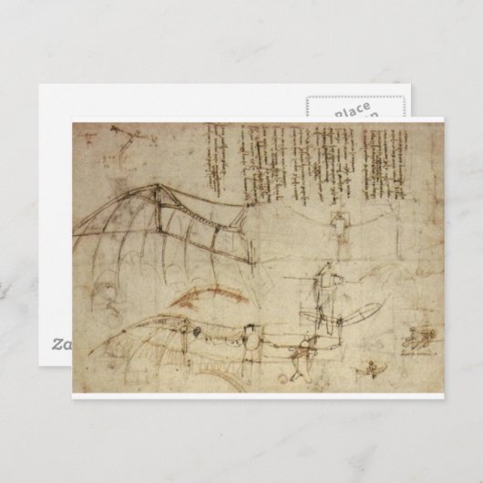 Carte Postale Conception d'une machine volante par Leonardo Da V (Devant / Derrière)