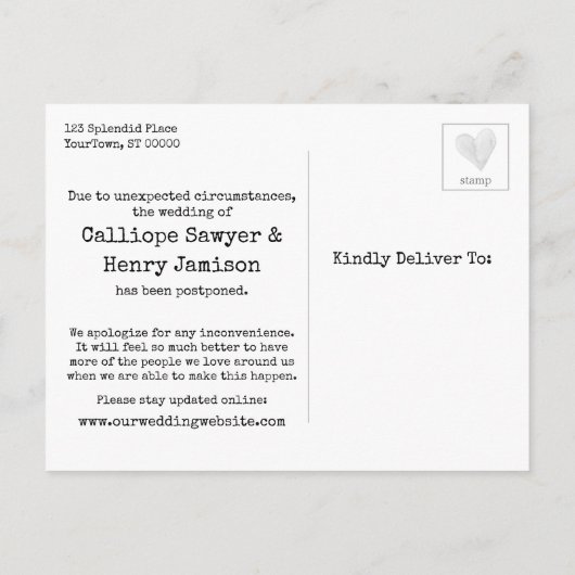 Carte Postale Confetti Grey Changement de plan Mariage reporté (Dos)