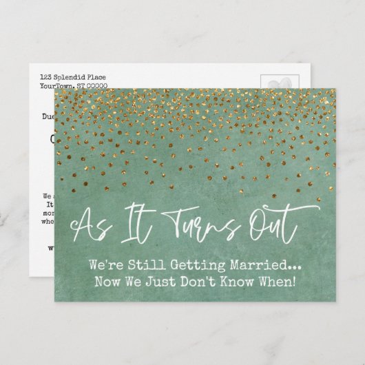 Carte Postale Confetti & Grunge Green Sassy Mariage reporté (Devant / Derrière)