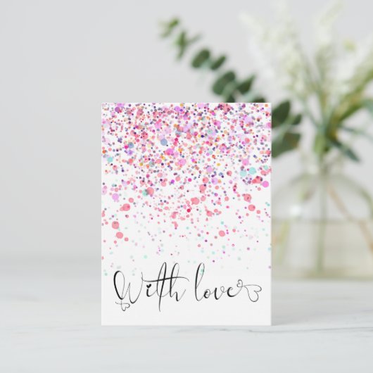 Carte Postale Confettis Colorés Avec Amour Rose (Debout devant)