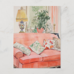 Carte Postale Confort Rose – Canapé Rose Aquarelle Salon