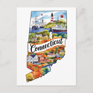 Carte Postale Connecticut États-Unis Forme d'État Aquarelle Vint
