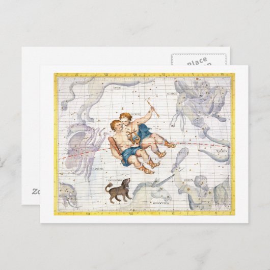 Carte Postale Constellation de Gemini avec Canis Mineure, plaque (Devant / Derrière)