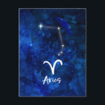 Carte Postale Constellation du zodiaque Bélier Galaxie bleue Cél<br><div class="desc">Conception de monogramme de la constellation du zodiaque du Bélier, galaxie bleue. Avec une police de caractères script brossée tendance, texture de fond aquarelle céleste bleu foncé, constellation d'étoiles brillantes et symbole du Bélier. Signe astrologique moderne, horoscope de naissance, parfait pour tout anniversaire d'Aquarien du 21 mars au 19 avril....</div>