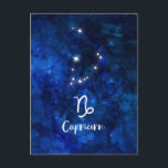 Carte Postale Constellation du zodiaque Capricorne Galaxie Céles<br><div class="desc">Constellation du zodiaque Capricorne Galaxie Ciel Design Avec une police de caractères Script brossé tendance, texture de fond aquarelle céleste bleu foncé, constellation d'étoiles brillantes et symbole de la Chèvre de mer. Signe astrologique moderne Horoscope de naissance, est parfait pour tout anniversaire du Capricorne du 22 décembre au 19 janvier...</div>