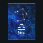 Carte Postale Constellation du zodiaque de la Balance Galaxie bl<br><div class="desc">Constellation du zodiaque de la Balance Galaxie bleue Design céleste avec une police de caractères Script brossé tendance, texture de fond à l'aquarelle céleste bleu foncé, constellation d'étoiles brillantes et symbole de la Balance. Signe astrologique moderne pour l'horoscope de naissance, parfait pour tout anniversaire de Balance du 23 septembre au...</div>