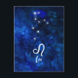 Carte Postale Constellation du zodiaque Lion Galaxie bleu foncé<br><div class="desc">Constellation du zodiaque du Lion, Design céleste de la galaxie bleu foncé. Avec une police de caractères Script brossée tendance, texture de fond à l'aquarelle céleste bleu foncé, constellation d'étoiles brillantes et symbole du Lion. Signe astrologique moderne, horoscope de naissance, parfait pour tout anniversaire de Lion du 23 juillet au...</div>