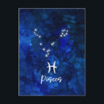 Carte Postale Constellation du zodiaque Poissons Galaxie Bleue C<br><div class="desc">Constellation du zodiaque Poissons Galaxie Bleue Design Céleste. Avec une police Script Brosse tendance, une texture de fond aquarelle céleste bleu foncé, une constellation d'étoiles brillantes et le symbole des Deux Poissons. Signe astrologique moderne pour l'horoscope de naissance, parfait pour tout anniversaire de Poissons du 19 février au 20 mars...</div>