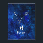 Carte Postale Constellation du zodiaque Poissons Galaxie Bleue C<br><div class="desc">Constellation du zodiaque Poissons Galaxie Bleue Design Céleste. Avec une police Script Brosse tendance, texture de fond à l'aquarelle bleu foncé, constellation d'étoiles brillantes et symbole des Deux Poissons. Signe astrologique moderne pour l'horoscope de naissance, parfait pour tout anniversaire de Poissons du 19 février au 20 mars ! Fait un...</div>