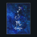 Carte Postale Constellation du zodiaque Scorpion Galaxie bleue C<br><div class="desc">Constellation du zodiaque Scorpion, design de galaxie bleue avec une police de caractères script brossé tendance, texture de fond à l'aquarelle bleu foncé céleste, constellation d'étoiles brillantes et symbole du Scorpion. Signe astrologique moderne, horoscope de naissance, parfait pour tout anniversaire de Scorpion du 23 octobre au 21 novembre ! Fait...</div>