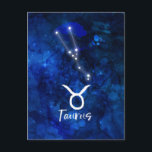 Carte Postale Constellation du zodiaque Taureau Galaxie bleue Cé<br><div class="desc">Constellation du zodiaque Taureau Galaxie bleue Design céleste. Avec une police Script brossé tendance, texture de fond aquarelle céleste bleu foncé, constellation d'étoiles brillantes et symbole du Taureau. Signe astrologique moderne pour l'horoscope de naissance, parfait pour tout anniversaire de Taureau du 20 avril au 20 mai ! Fait un excellent...</div>