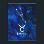 Carte Postale Constellation du zodiaque Taureau Galaxie bleue Cé<br><div class="desc">Constellation du zodiaque Taureau Galaxie bleue Design céleste. Avec une police Script brossé tendance, texture de fond aquarelle céleste bleu foncé, constellation d'étoiles brillantes et symbole du Taureau. Signe astrologique moderne pour l'horoscope de naissance, parfait pour tout anniversaire de Taureau du 20 avril au 20 mai ! Fait un excellent...</div>