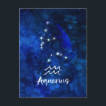 Carte Postale Constellation du zodiaque Verseau Galaxie bleue Ci<br><div class="desc">Constellation du zodiaque Verseau, design de galaxie bleue. Avec une police Script brossée tendance, texture de fond à l'aquarelle céleste bleu foncé, constellation d'étoiles brillantes et symbole du Verseau. Signe astrologique moderne pour l'horoscope de naissance, parfait pour tout anniversaire de Verseau du 20 janvier au 18 février ! En fait...</div>