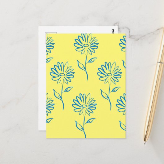 Carte Postale Contour de fleur bleue sur fond jaune (Devant/Arrière en situation)