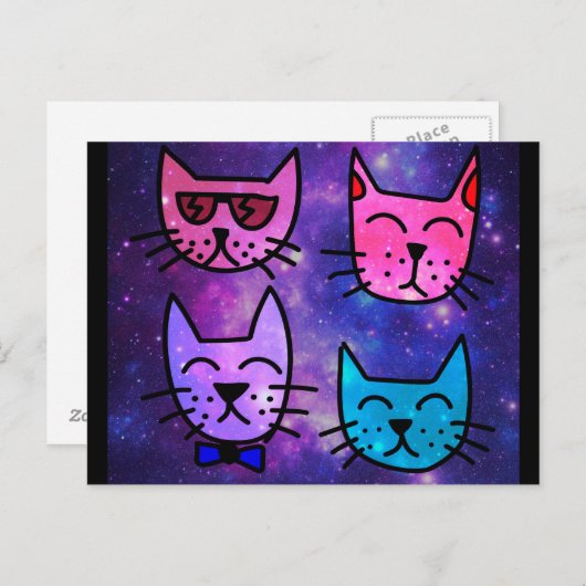 Carte Postale Cool Cat face sur un Arrière - plan spatial (Devant / Derrière)