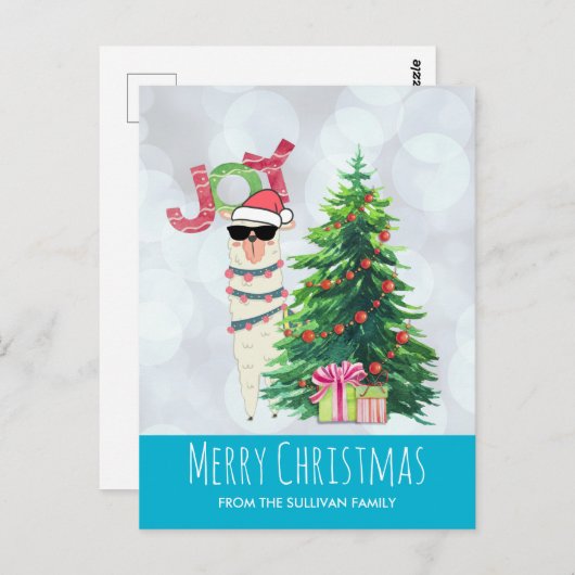 Carte Postale Cool Llama sur Silver Bokeh & Icy Blue Christmas (Devant / Derrière)