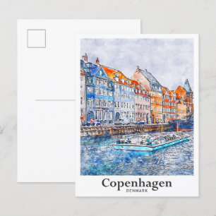 Carte Postale Copenhagen Danemark Art Travel Aquarelle Sketch