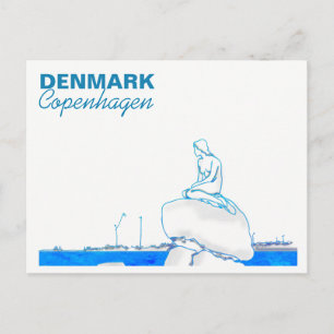 Carte Postale Copenhague Petite Sirène Dessin Bleu