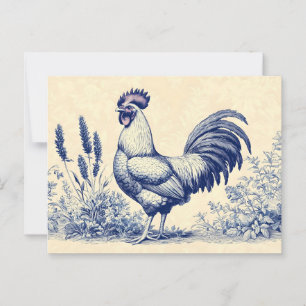 Carte Postale Coq bleu vintage dans un jardin fleuri
