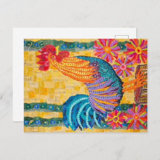 Carte Postale Coq dans les fleurs (Devant / Derrière)