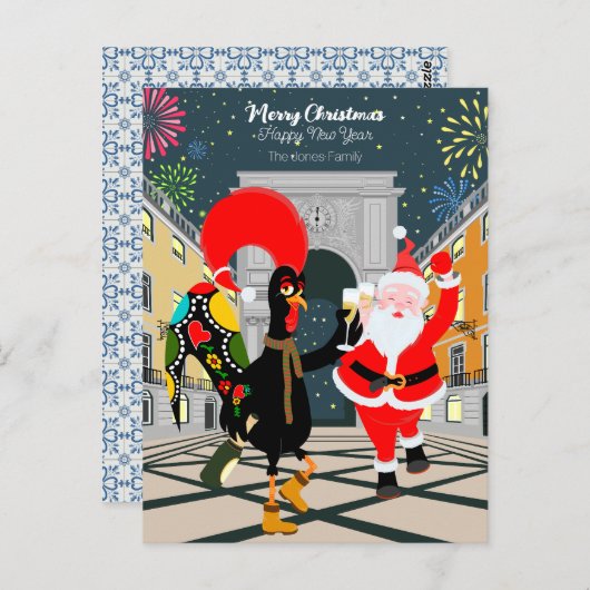 Carte Postale Coq portugais et toast Père Noël au Nouvel An (Devant / Derrière)
