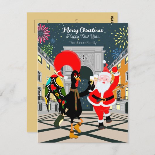 Carte Postale Coq portugais et toast Père Noël au Nouvel An (Devant / Derrière)