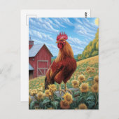 Carte Postale Coq sur une peinture de la ferme de tournesol (Devant / Derrière)