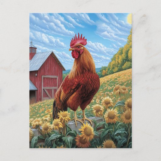 Carte Postale Coq sur une peinture de la ferme de tournesol (Devant)