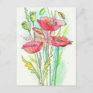 Carte Postale Coquelicots à l'aquarelle peints