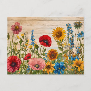 Carte Postale Coquelicots et fleurs sauvages sur du bois rustiqu