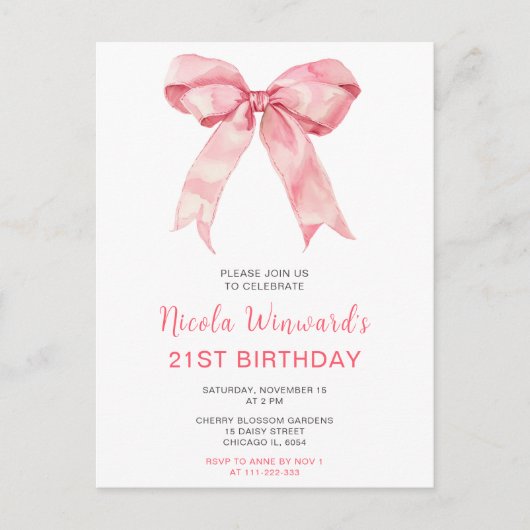 Carte Postale Coquette rose Bow fête d'anniversaire (Devant)