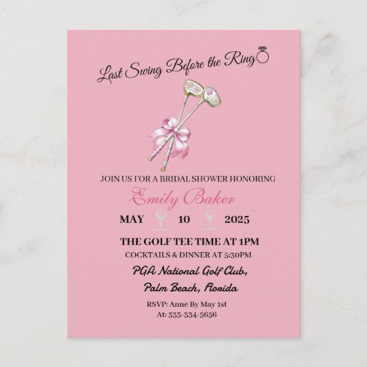 Carte Postale Coquette rose Golf "Dernier swing avant l'anneau" (Devant)