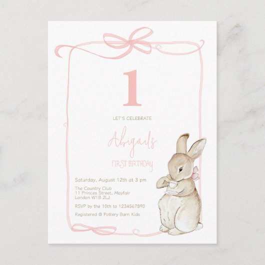 Carte Postale Coquette Rose Pierre le lapin Fille 1er anniversai (Devant)